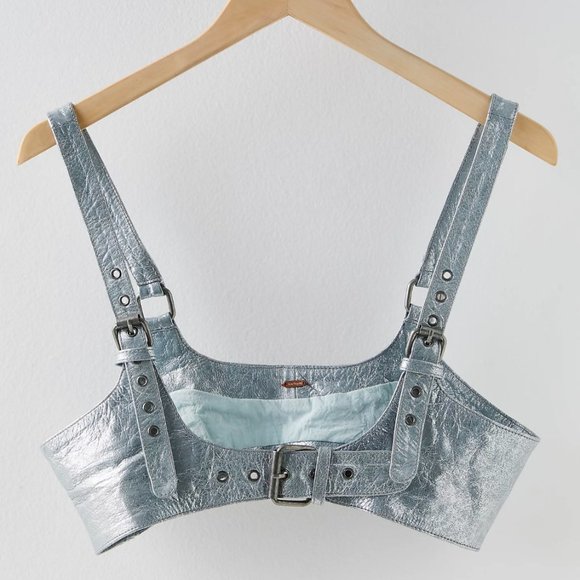 FREE PEOPLE LEATHER HARNESS STARDUST METALLIC BLUE LARGE NEW NWT - Picture 1 of 9